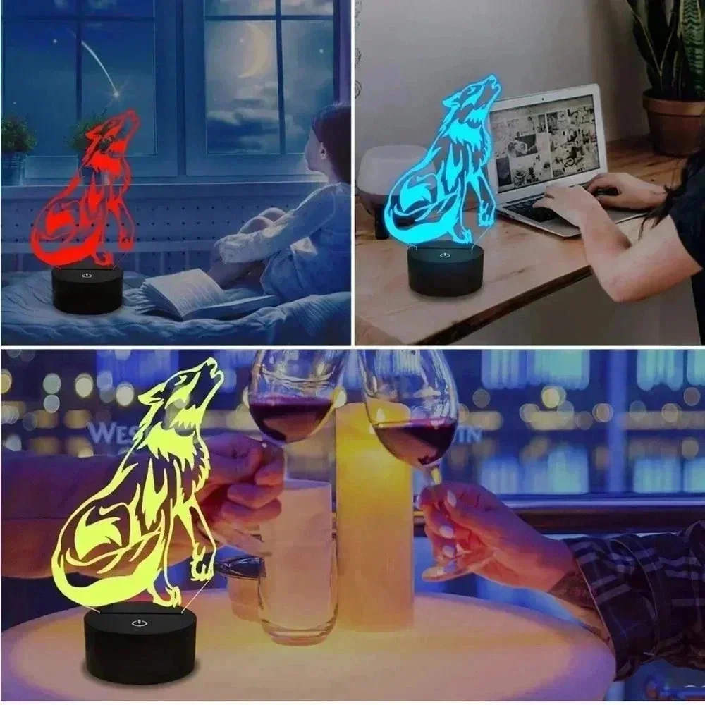 New in box 3d wolf lamp light up multicolor remote usb charge battery 16 colors